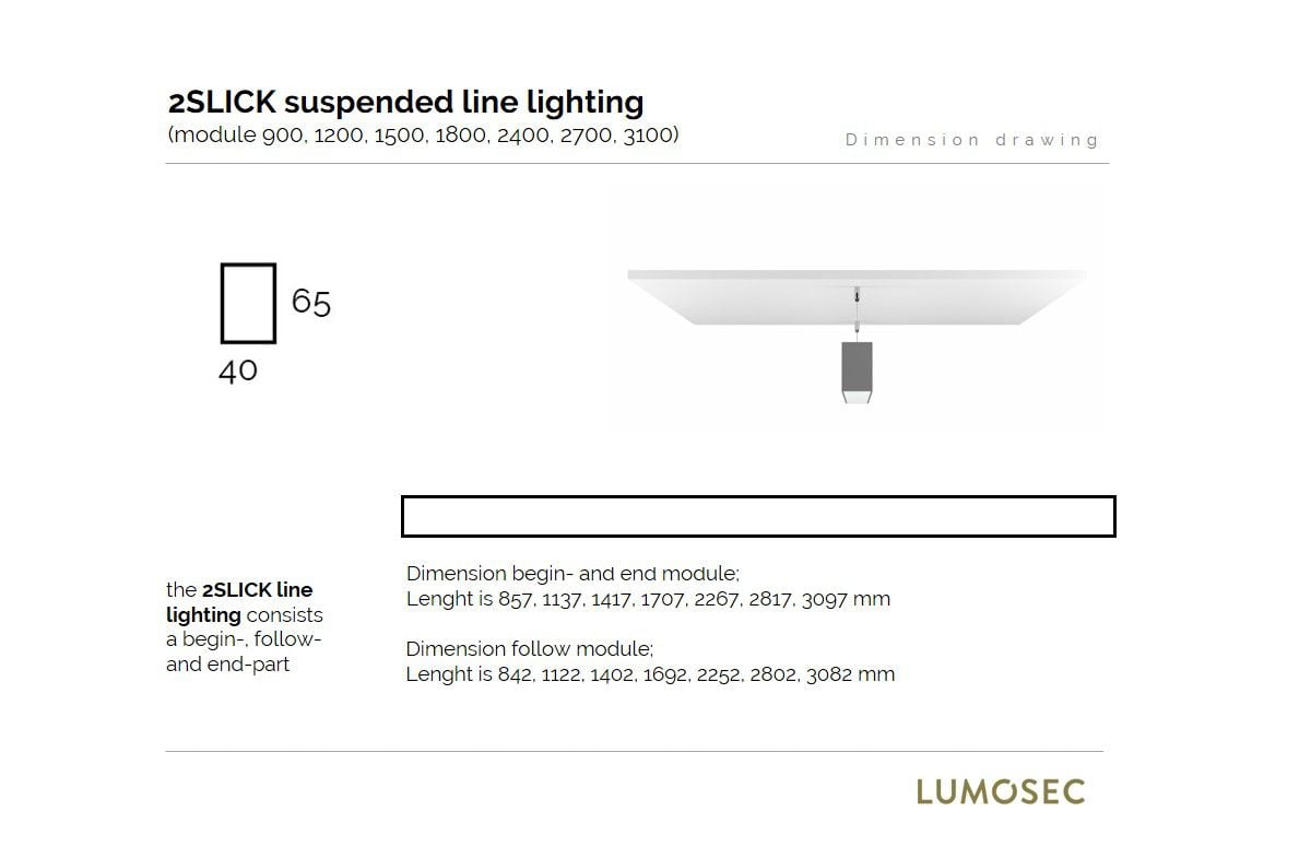 2slick small line suspended line lighting end 1500x40x65mm 3000k 2218lm 25w dali