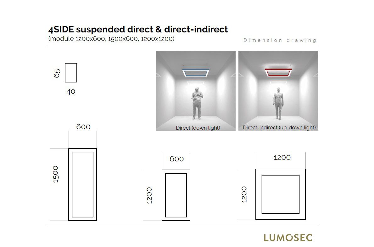 4side small line luminaire suspended 1500x600mm 4000k 6607lm 2x25w2x13w dali