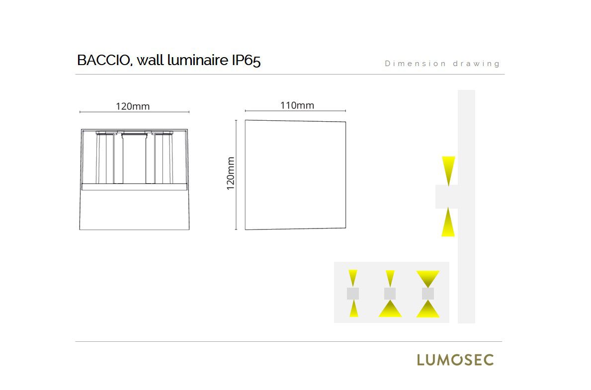 baccio wall luminaire square 120x110x120mm updown adjustable beam 8w 3000k 480lm ip65 ik10 dimmable white