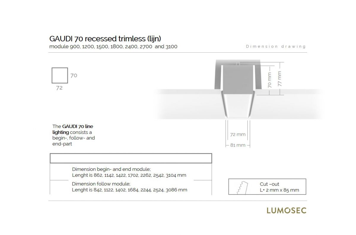 gaudi 70 line lighting end recessed trimless 2700mm 4000k 11449lm 95w fix