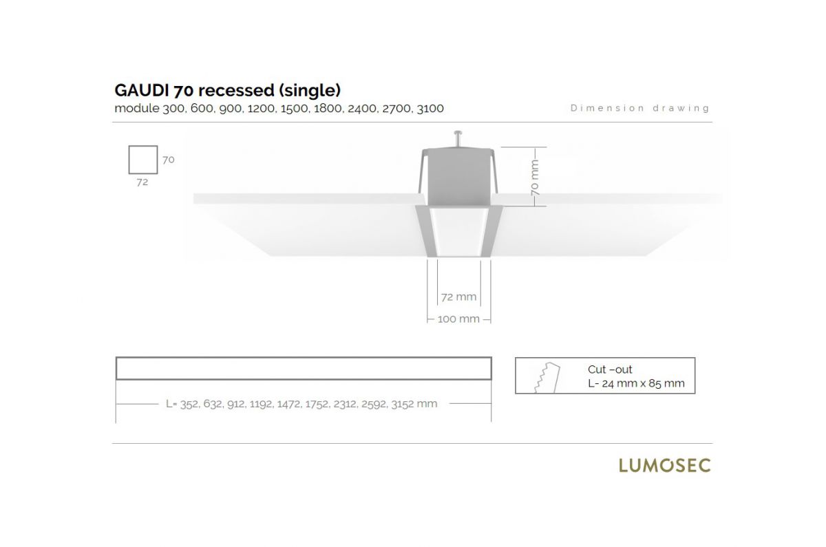 gaudi 70 line luminaire single recessed 1500mm 4000k 5725lm 40w fix