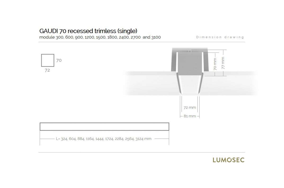 gaudi 70 line luminaire single recessed trimless 300mm 4000k 1145lm 10w fix