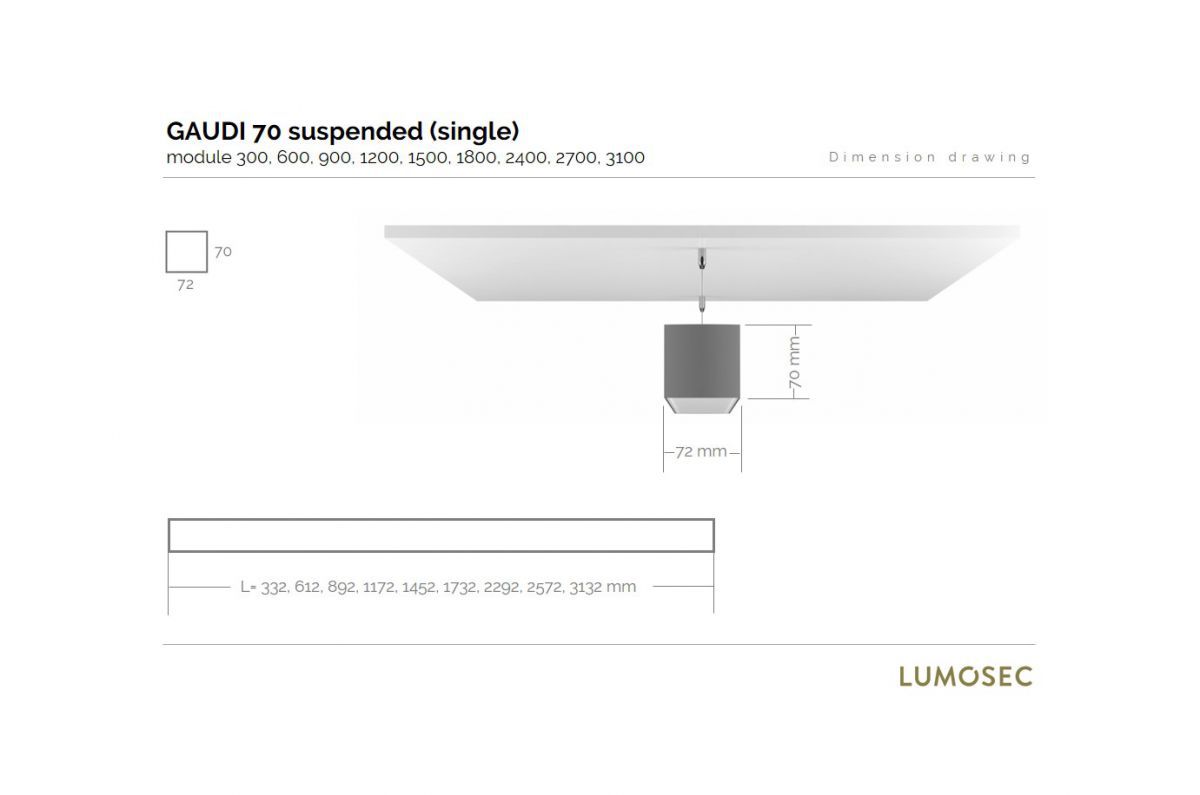 gaudi 70 line luminaire single suspended 2400mm 4000k 9159lm 70w fix