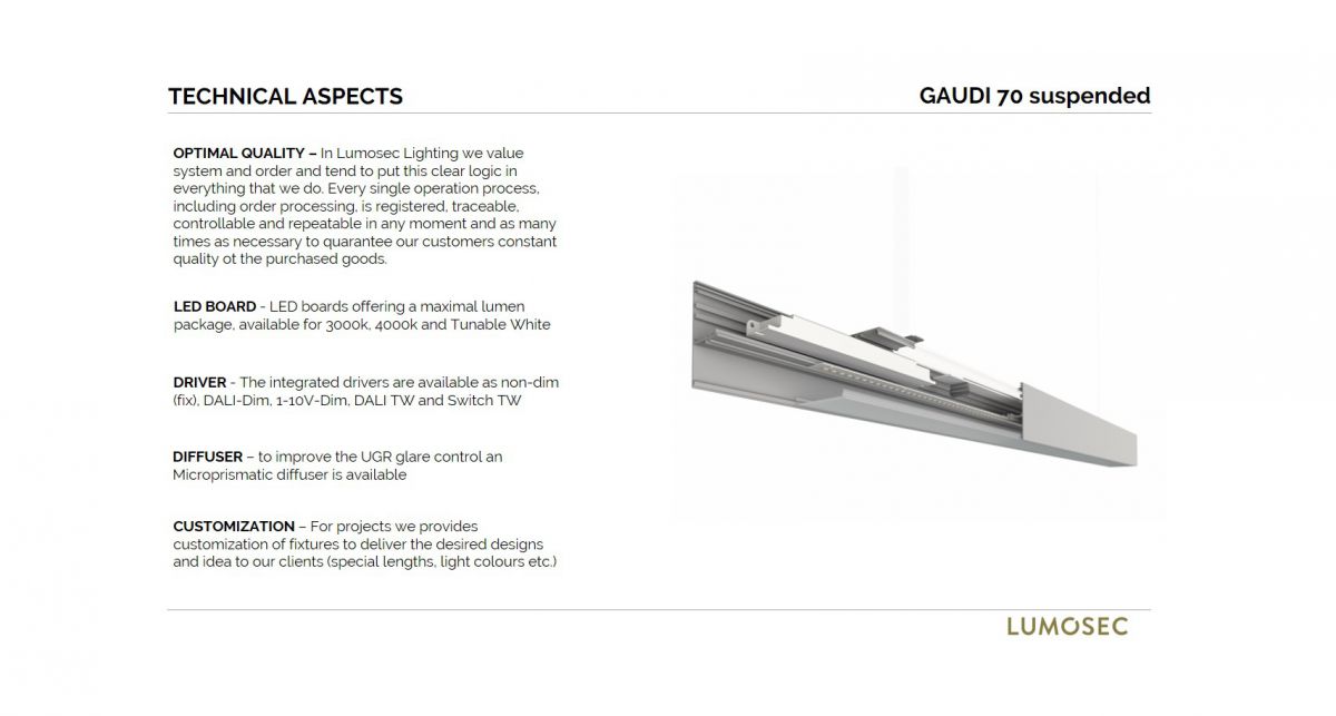 gaudi 70 line luminaire single suspended ip54 300mm 3000k 1077lm 10w fix
