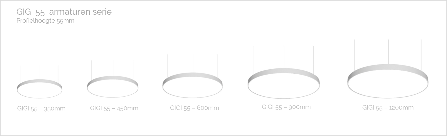 GIGI 55 ronde pendelarmaturen serie afmetingen 350nm, 450mm, 600mm, 900mm en 1200mm